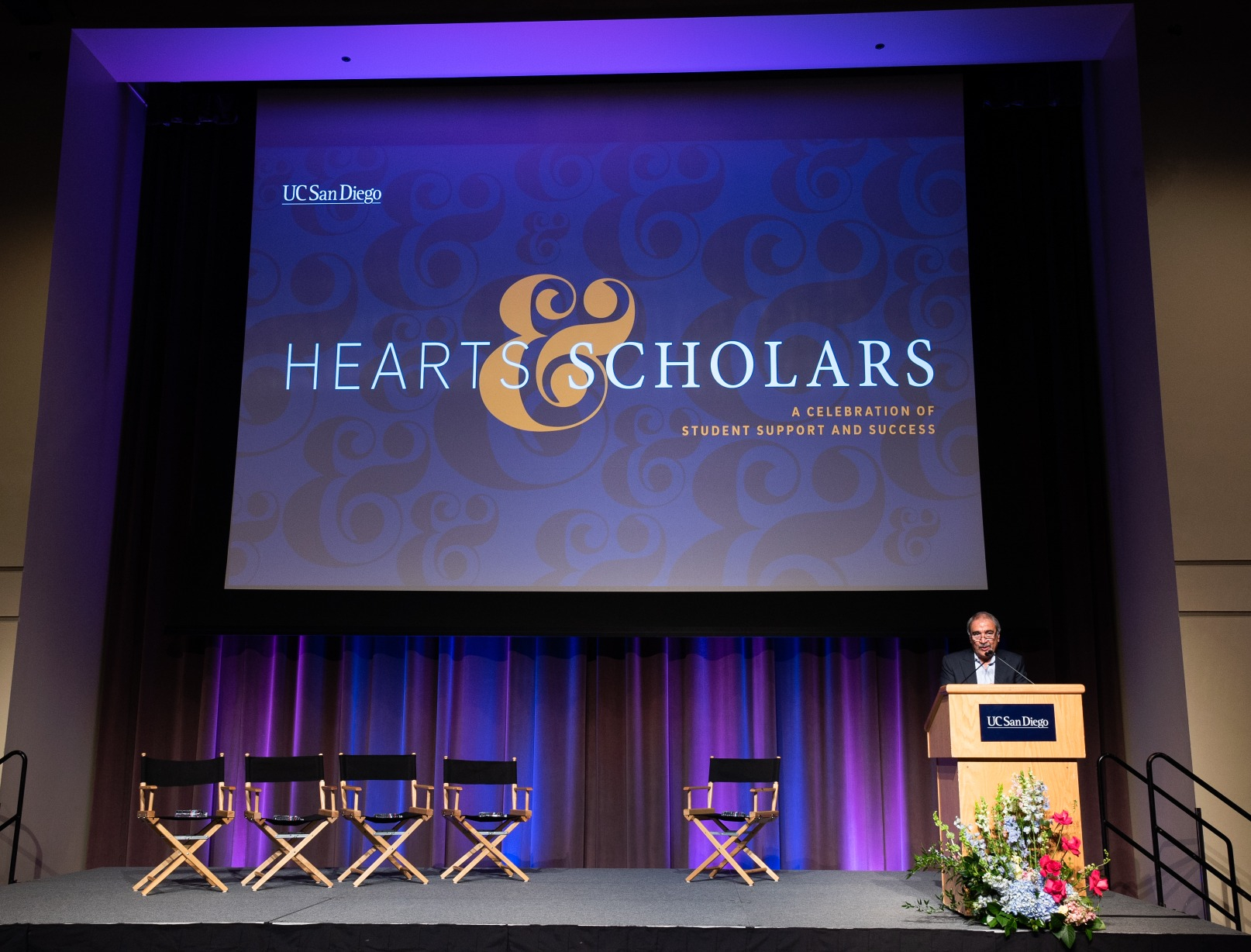 Chancellor Pradeep Khosla on stage at Hearts & Scholars event